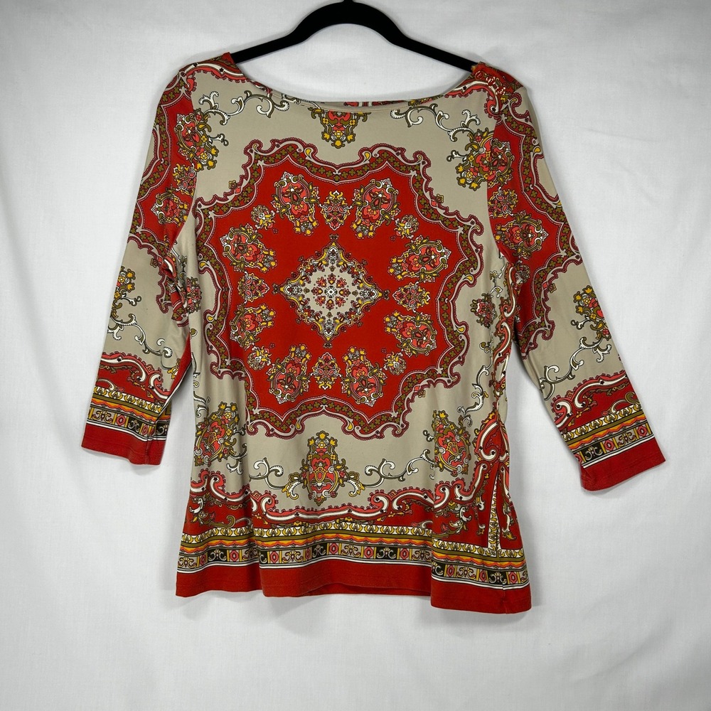 Vintage Y2K Charter Club Petite Large Red & Beige Paisley Medallion Boatneck Top